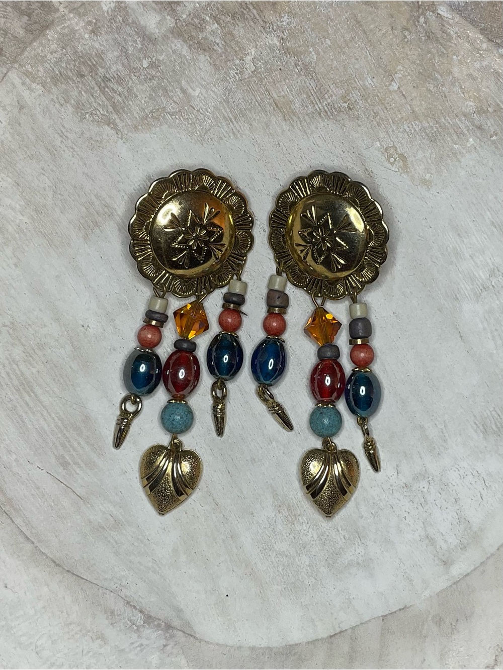 VTG Southwestern Concho Heart Fringe Drop Earrings